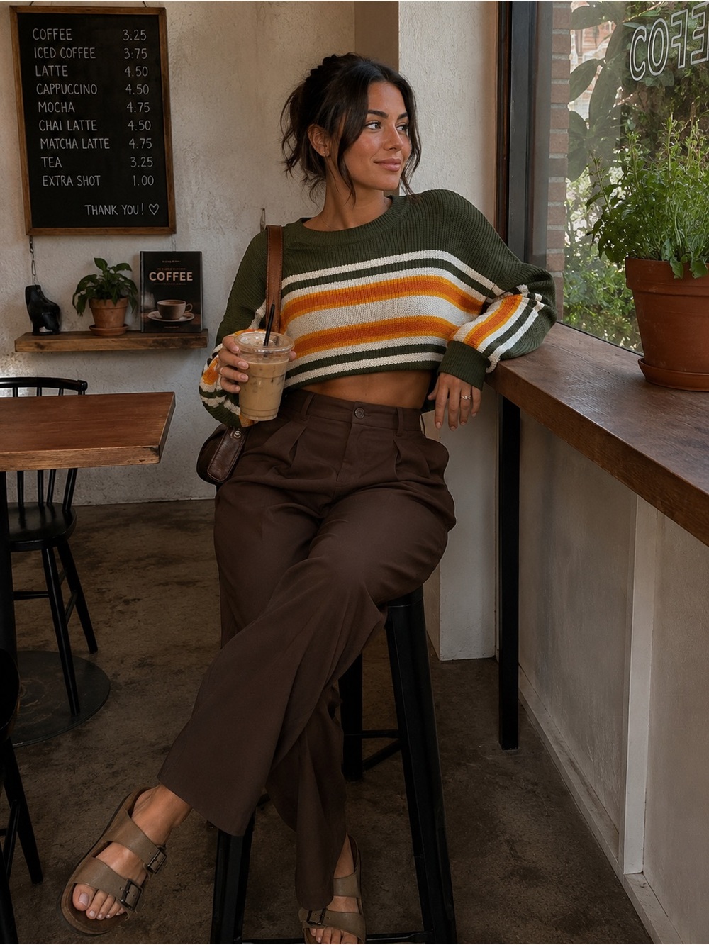 Cropped Olive Green Striped Crewneck Sweater with Orange and Cream Accents